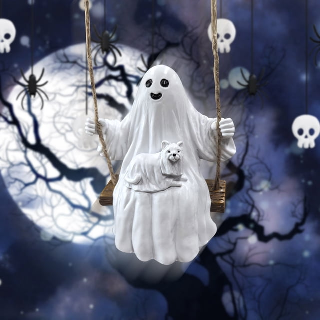 Xihbxyly Estatua de Perro Fantasma Paseando, Diseño Artesanal de Resina, Fantasma Balanceándose con Gato, Decoración Exterior de Halloween para Jardín, Fiesta Espeluznante En Casa, para Colgar o Bala