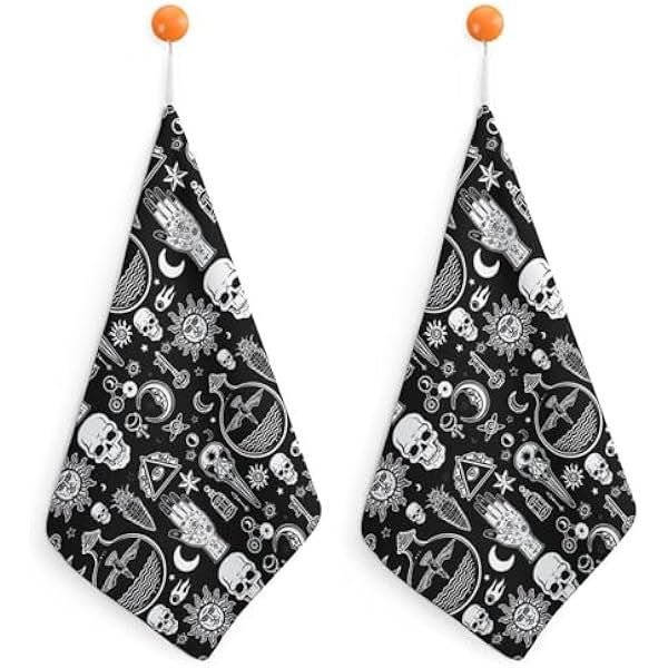 wonima01 Towel Set 2 Pcs Small Soft Hand Dry Towels for Kitchen & Bathroom, Super Absorbent, Hanging Loop (Halloween Goth Gothic Raven Crow Skull Sun Moon Tattoos)