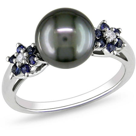 9mm-9.5mm Black Round Tahitian Pearl and 1/4 Carat T.G.W. and Diamond-Accent 10kt White Gold Cocktail Flower Ring