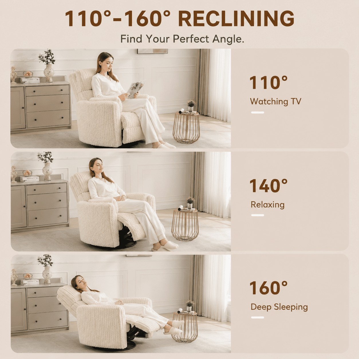 Adult Sherpa Nursery Power Swivel and USB Charging Recliners with 2 Removable Pillows, Beige