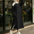 thumbnail image 4 of Fesfesfes Women Linen Robe Round Neck Loose Long Sleeve Dress Solid Color Mid-Calf Long Dress, 4 of 9