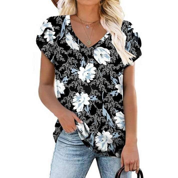 MOSHU V-Neck T-shirts for Women Petal Sleeve Tunic Tops Summer Casual ...