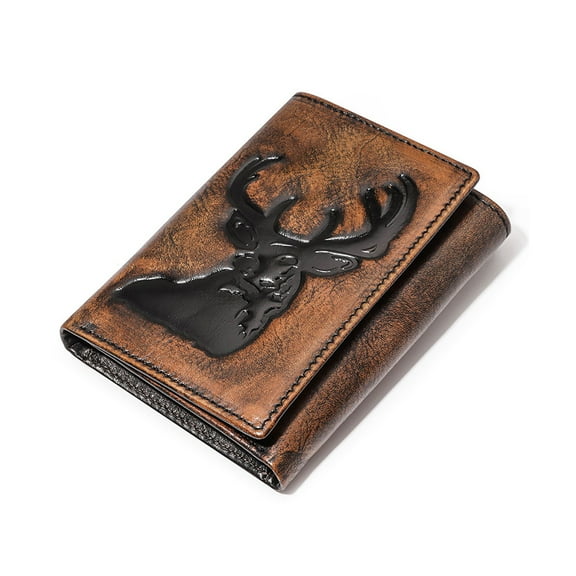 TAZAG men's leather tri-fold wallet, first-layer cowhide deer head wallet, multi-card slot RFID card holder