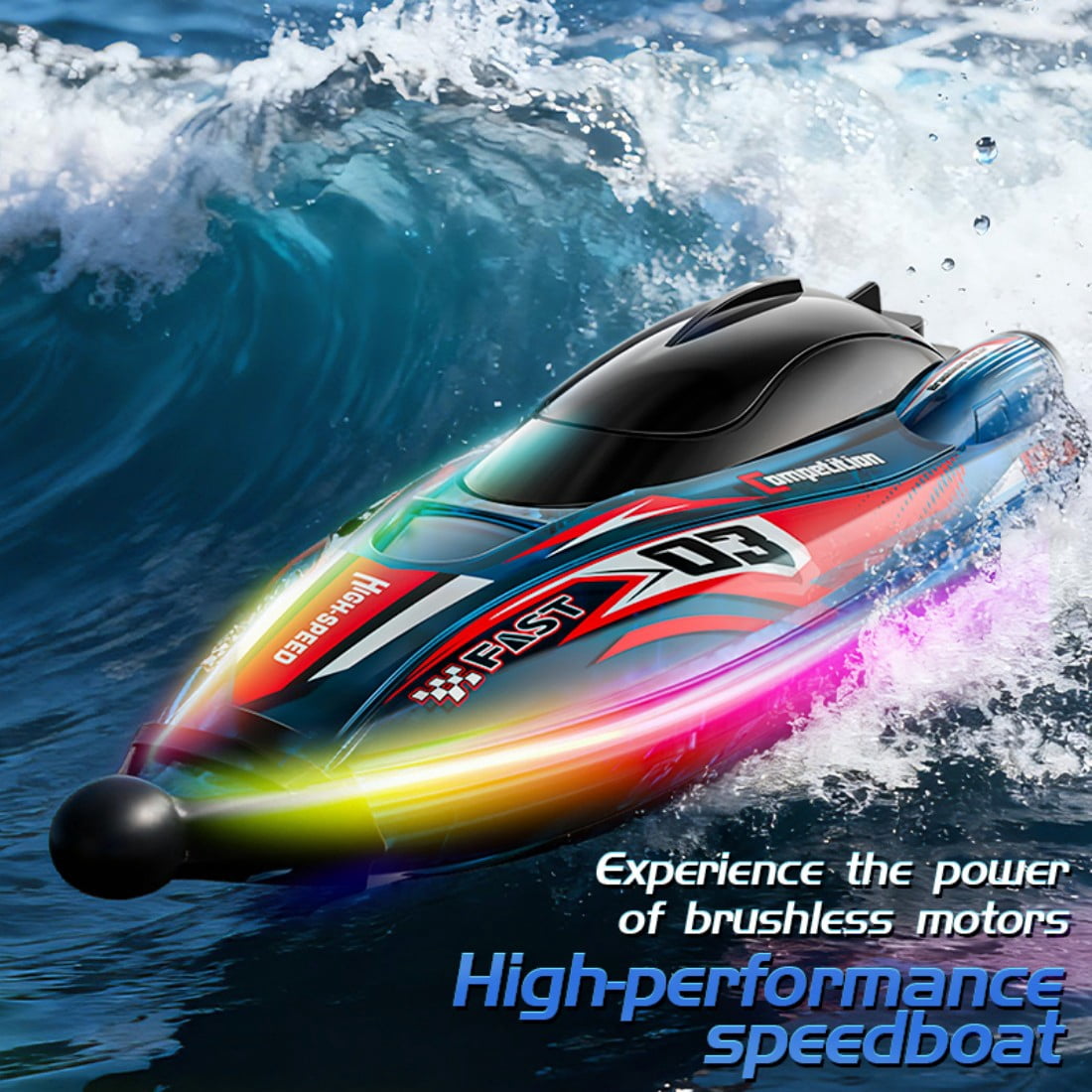Mini High-Speed RC Boat with Colorful LED Lights, 2.4G Waterproof & Impact-Resistant Brushless RC Racing Car with Dual Motors & Detachable Covers for Pools, Rivers & Lakes - RTR