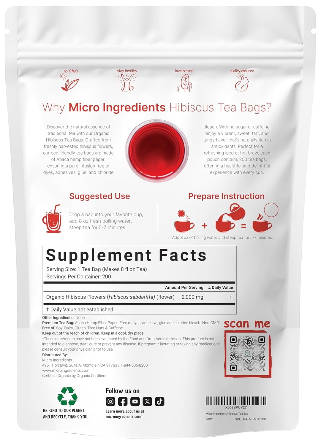 Micro Ingredients Organic Hibiscus Tea Bags, 200 Count | Caffeine Free Herbal Tea, Non-GMO, No Sugar