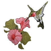 Large - Hummingbird - Ruby Red Throat - Pink Flowers - Iron on Embroidered Applique Patch