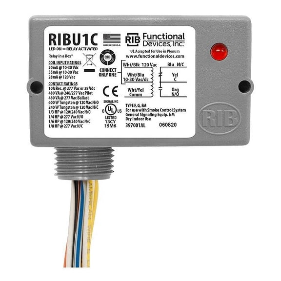 Functional Devices-Rib Enclosed Pre-Wired Relay,10A at 277VAC,SPDT RIBU1C