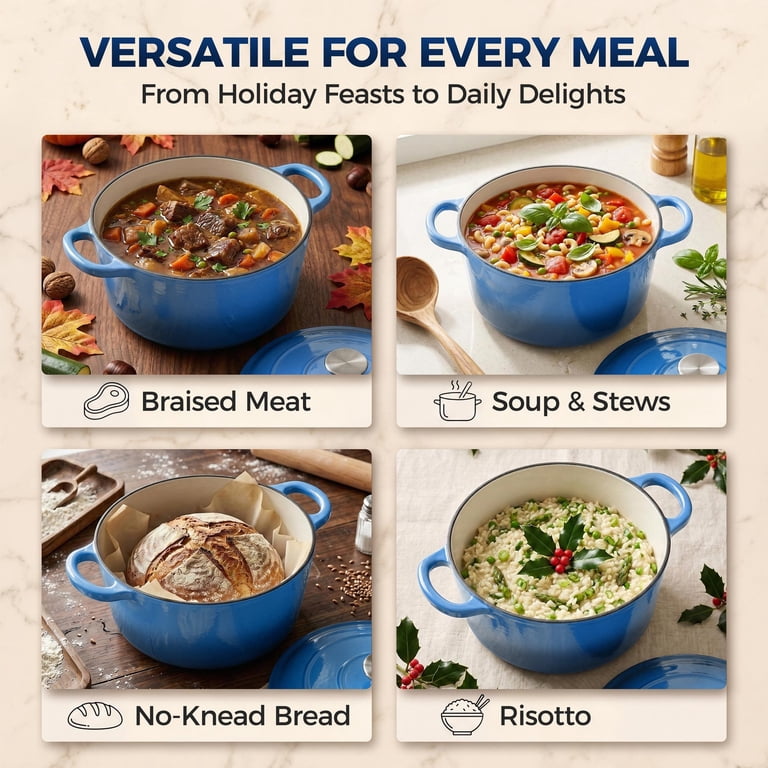 Walchoice 6-Quart Enameled Cast-Iron Dutch Oven, Blue photo 4