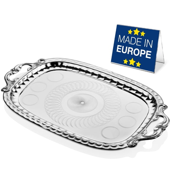 Hakan Stainless Steel Serving Tray with Handles, 19 x 11.6-inch Ornamental Rectangular Serving Tray