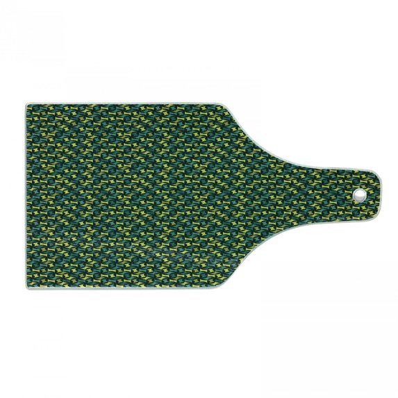Abstract Cutting Board, Geometric Composition Modern Art Inspirations Green Toned Illustration, Tempered Glass Cutting and Serving Board, Wine Bottle Shape, Sea Green and Green, by Ambesonne