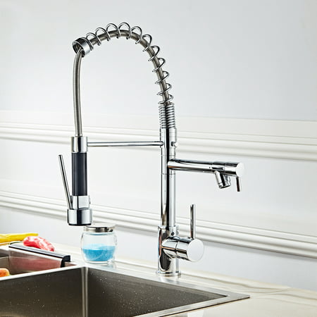 Ktaxon Modern Commercial Brushed Double Lever Pull Out Sprayer Kitchen Faucet, High Arch Spring Pull Down Kitchen Sink
