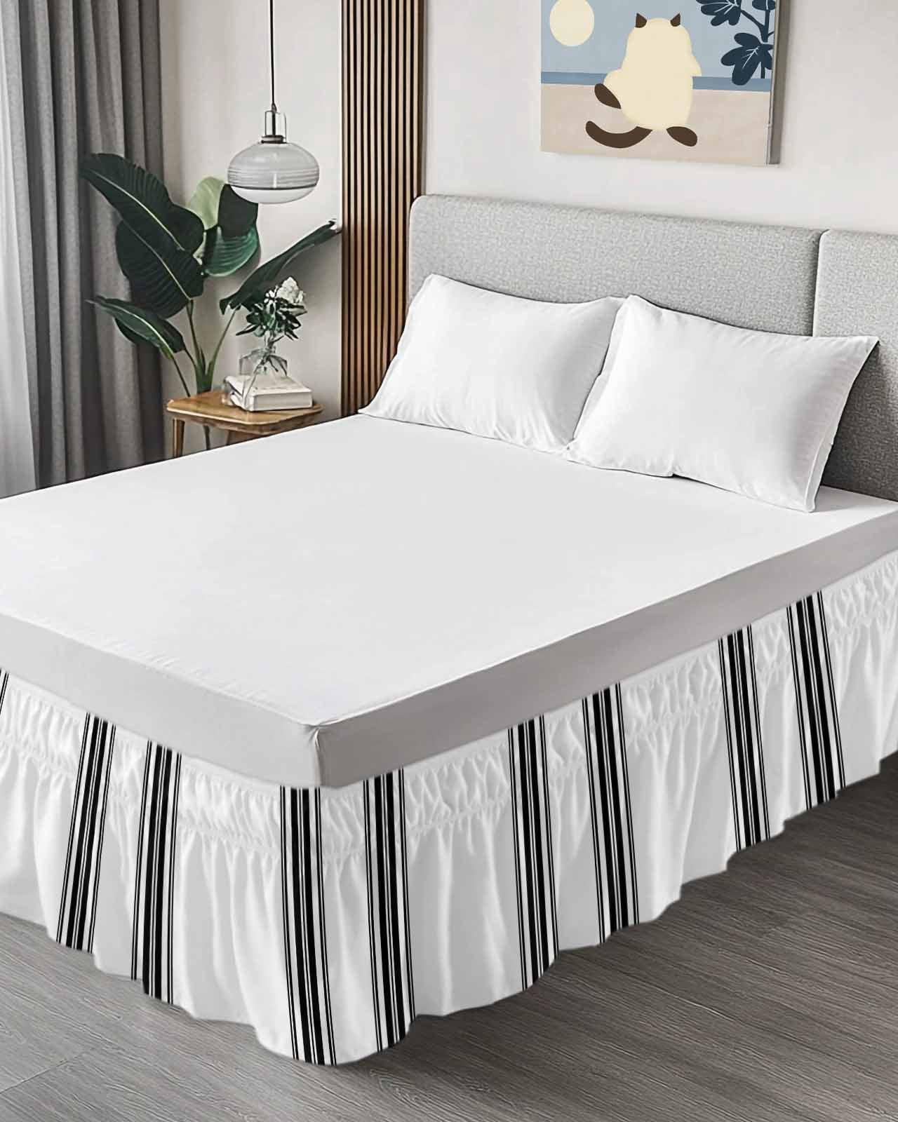 Black White Stripe, Wrap Around Bed Skirts for California King Bed 18" Drop, Bed Skirt with Adjustable Elastic Belt Dust Ruffle Bed Valance for Bedroom Hotel Luxury Abstract Geometric Bed Frame Cover