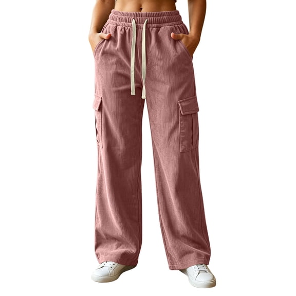 ZHYou No Boundarie Women's Corduroy Drawstring Wide Leg Pants Textured Loose Fit Casual Cargo Trousers with Multi Pockets,Pink,Size XL