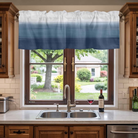 Kitchen Valances for Window, Blue and Gray Gradient Stripes Light Filtering Rod Pocket Valance Curtain, Modern Abstract Art Short Curtains Window Topper for Bedroom Bathroom Living Room 54x18in