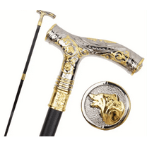 Handcrafted Walking Cane with Luxurious Gold Embellishments and Intricate Wolf Emblem – A Symbol of Strength
