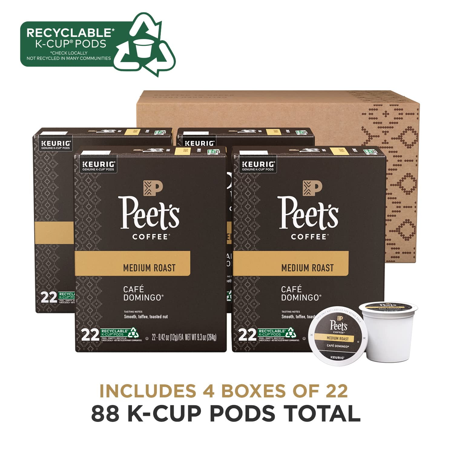 Peet,S Coffee, Medium Roast K-Cup Pods For Keurig Brewers - Café Domingo 88 Count (4 Boxes Of 22 K-Cup Pods)