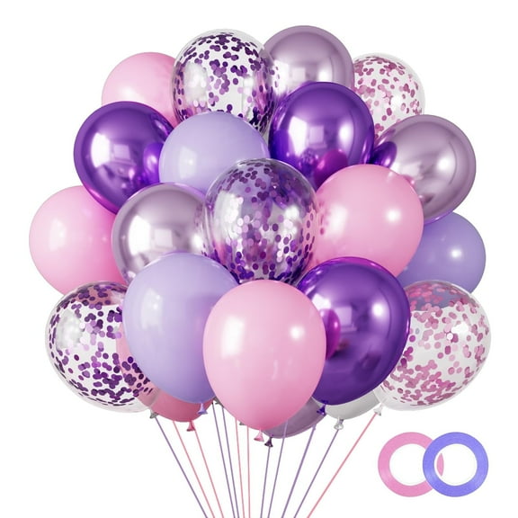 65 Pcs 12 Inches Pink Purplee Balloon Arch Garland Kit, Purplee Pink Confetti Balloons, Metallic Purplee Pink Latex Balloons for Valentine's Day, Girls Birthday Baby Shower Wedding Decorations