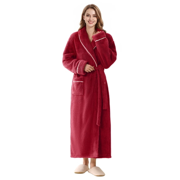 AMITOFO Women’s Thick Long Robe with Contrast Piping V-Neck – Soft Warm Winter Housecoat with Waist Belt and Side Pockets