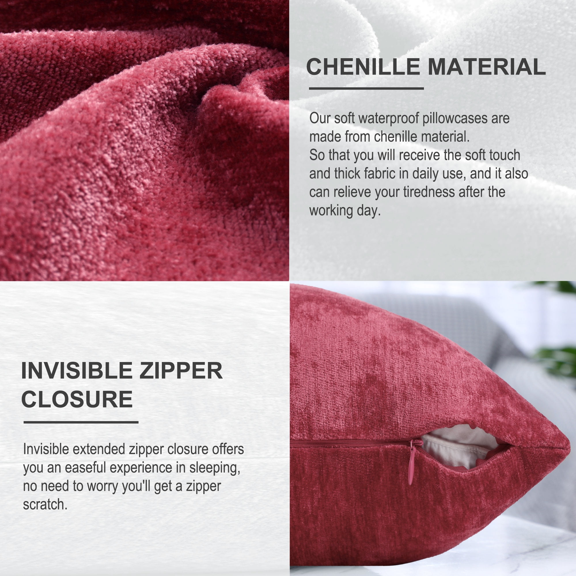REGALWOVEN Set of 2 Chenille Throw Pillow Covers, Soft Decorative Cushion Covers Burgundy 12x20 Inch