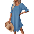thumbnail image 2 of Vestido Corto Holgado con Mangas Abullonadas, Bajo con Volantes, Cuello Redondo y Fruncido, Color Azul Pavo Real, Talla S, 2 of 10