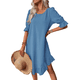 thumbnail image 2 of Vestido Corto Holgado con Mangas Abullonadas, Bajo con Volantes, Cuello Redondo y Fruncido, Color Azul Pavo Real, Talla S, 2 of 10