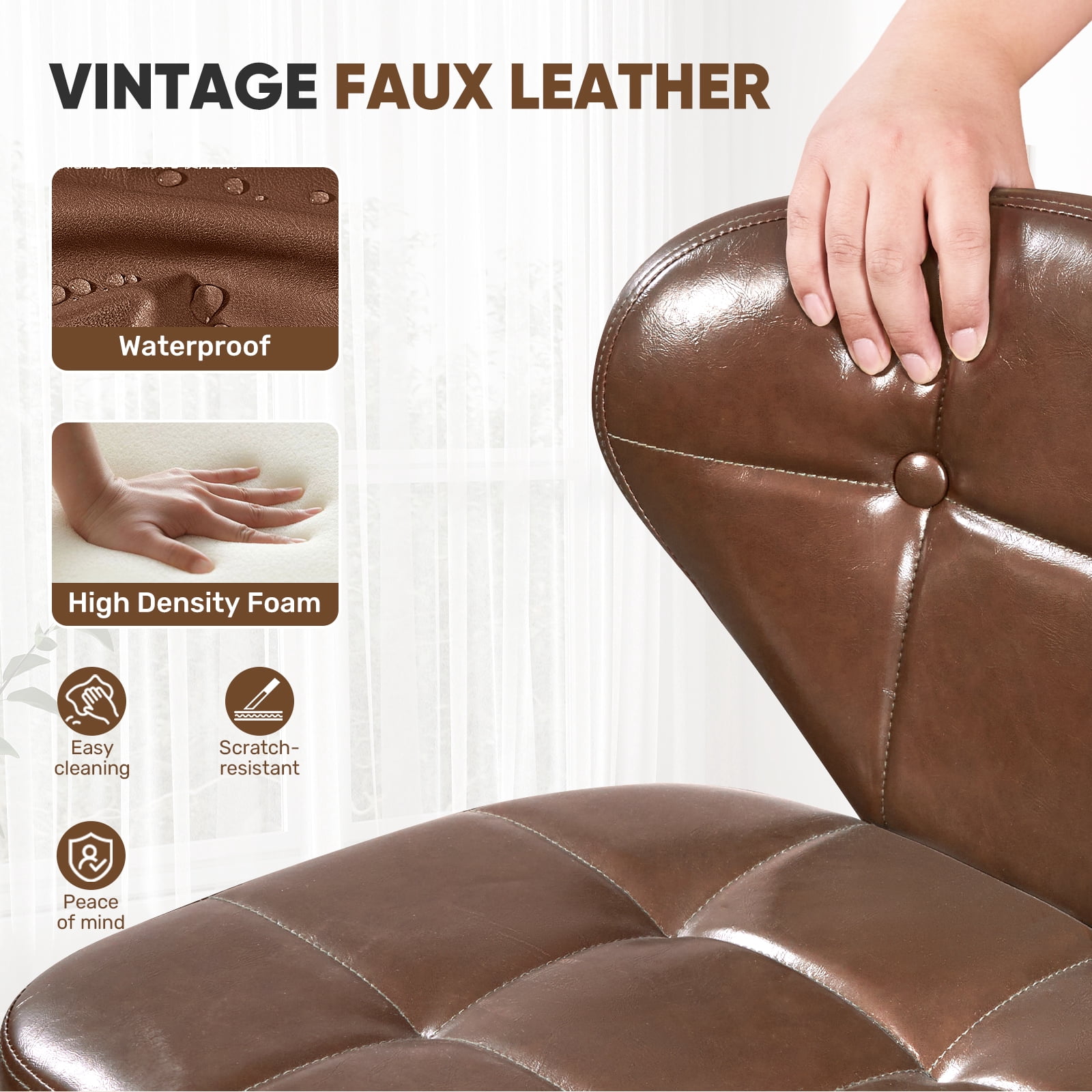 Hawsaiy Vintage Style Leather Bar Stool Set of 2 with Button-Tufted Design,Brown