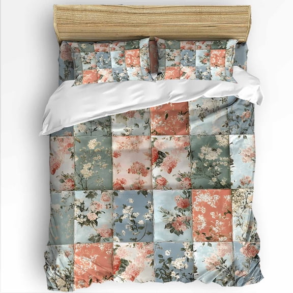 Spring Flowers Full Size Comforter Set, Retro Cherry Blossoms = Collage Floral Soft Bedding for All Seasons, 4 Pcs Bed Set with 1Comforter (86"x86") ,1 Sheet(80"x116"), 2 Pillowcases (19"x29")