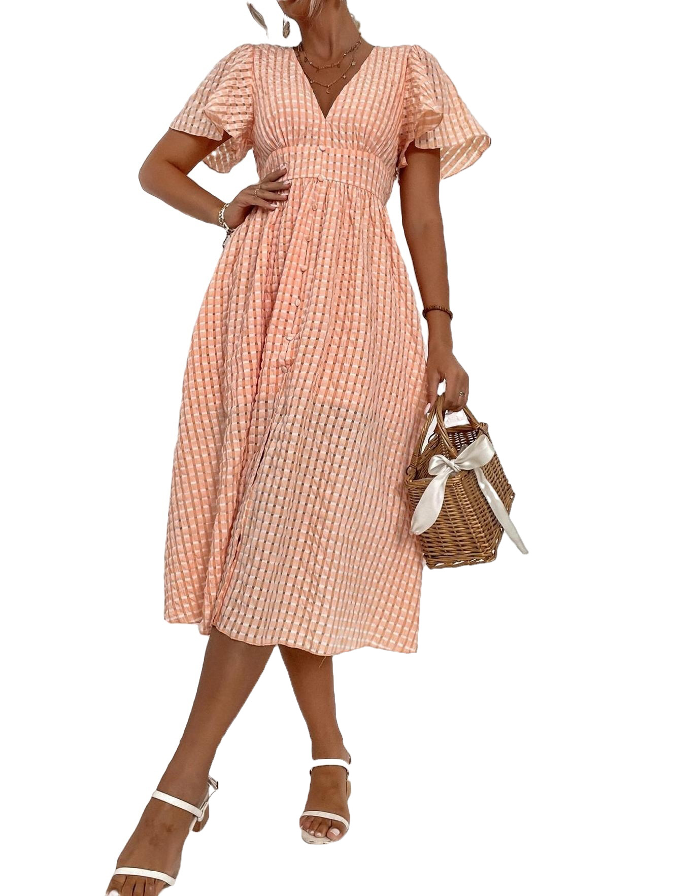 Boho Plaid print V neck A Line Short Sleeve Coral Orange Women Dresses (Women's)