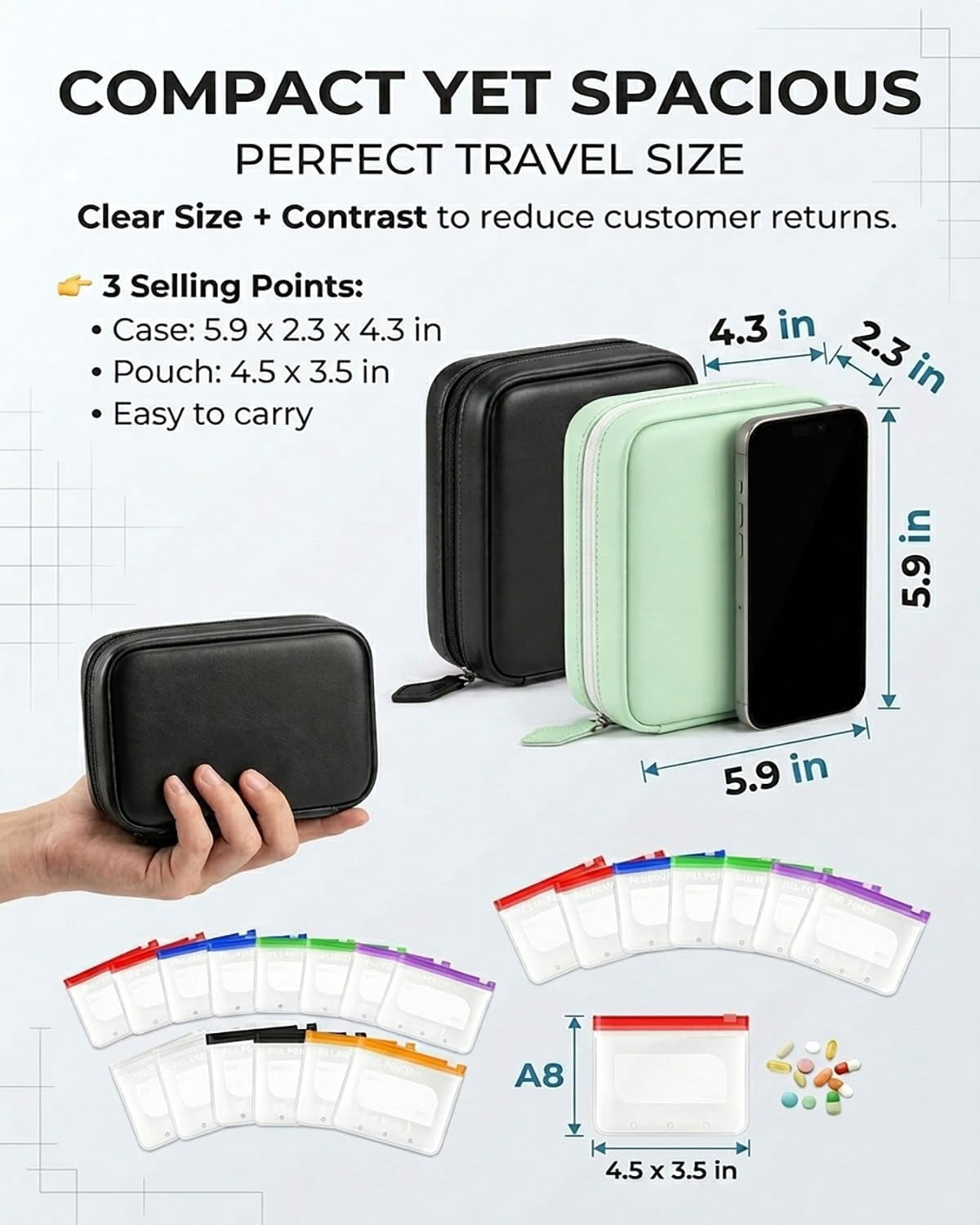 Waterproof Pill Pouch Set Travel Pill Organizer Pouches Medicine Kit Bags Pills 14 Day Medication Metal Reusable Large Case Portable Organizers Size Small Container with Labels Binder(1*Black)