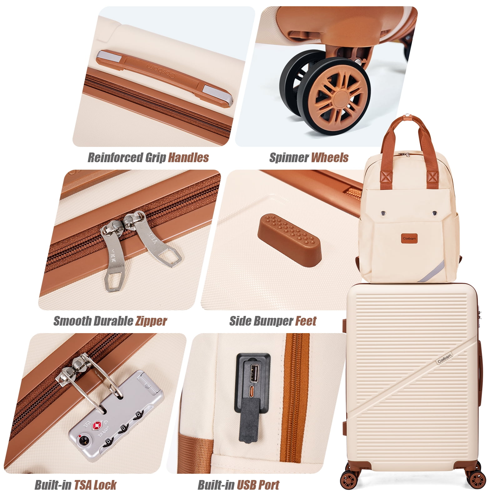 Cosbarn 5 Piece Luggage Sets ABS Hardshell Lightweight Suitcases Sets with TSA Lock Durable Spinner Wheels