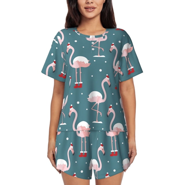 Fotbe Flamingo Conjunto de Pijama Estampado para Mujer, 2 Piezas, Ropa de Dormir con Camiseta de Manga Corta y Shorts Suaves-Large