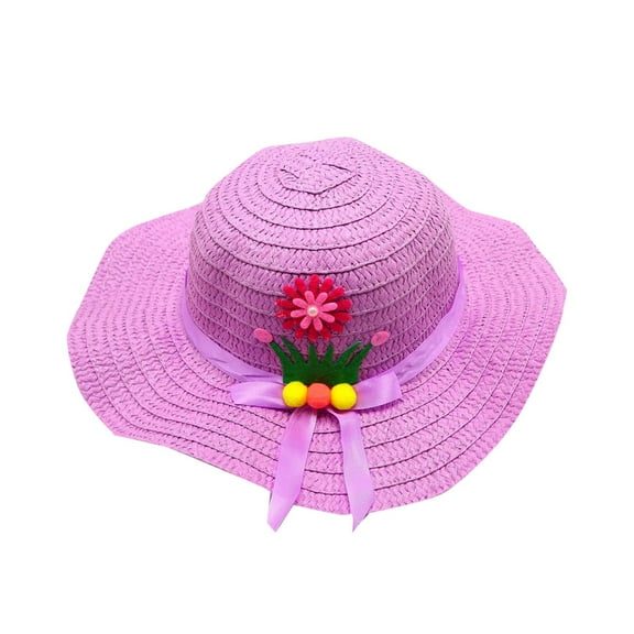 Cethrio Kids Girls Fedora Hats, 2025 Summer Wide Brim Straw Hats Sun Hats Purple Size 3-7 T