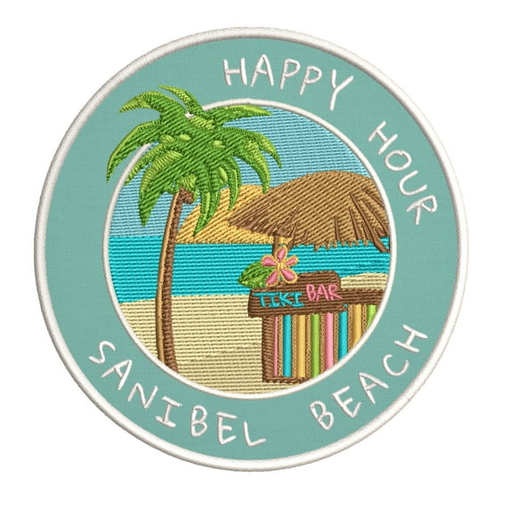Happy Hour! Sanibel Beach, Florida 3.5 Inch Iron Or Sew On Embroidered Fabric Badge Patch Ocean Beach, Salt Life Iconic Series