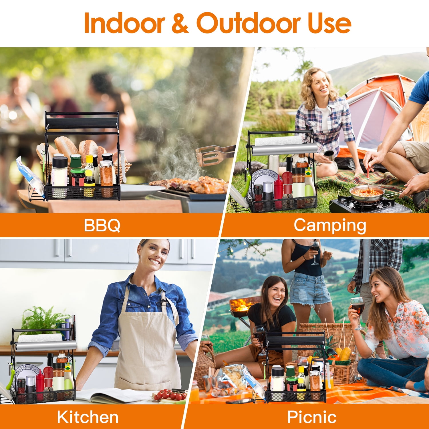 Moclever Utensil Caddy with Paper Holder, Rustproof Metal Grill Caddy for Outdoor Picnic Barbecue Camping, 14.76x6.69x14.96in