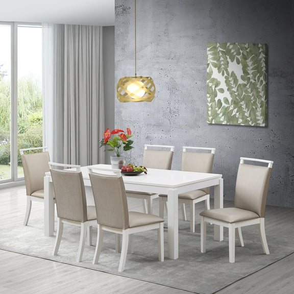 Pilaster Designs 7 Piece Dining Set, Gray Fabric & White Wood (Table & 6 Chairs)