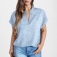 thumbnail image 2 of Fashion Olyvenn Women's Summer Casual Short Sleeve Blouse Off-The-Shoulder Short Sleeve Shirt with Notched V-Neck T Shirts Light Blue S, 2 of 8