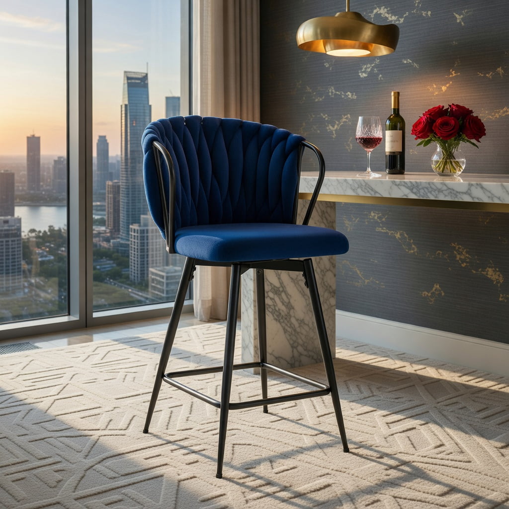 Hommoo 2-Pack Modern Velvet Bar Stools with Woven Rope Backrest & Black Metal Frame, Counter Height Kitchen Island & Home Bar Seating, Blue