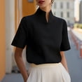 thumbnail image 4 of LEKODE Elegant Split Stand Collar Short Sleeve Shirt for Women, Solid Loose Fit Business Office Commuter Blouse Tops Basic Tees Womens Summer Blouses Dressy Casual Black S, 4 of 6