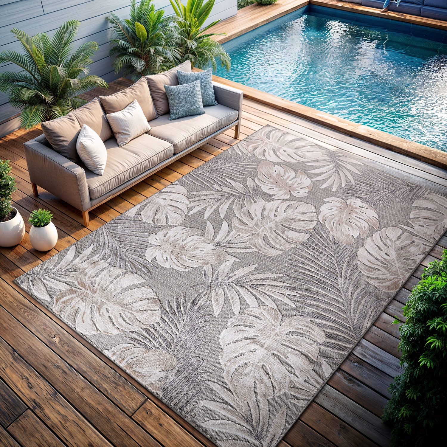 CAMILSON Spring Leaf Tropical Botanical Easy-Cleaning Non-Shedding Washable Outdoor Indoor Area Rug Beige 8x10
