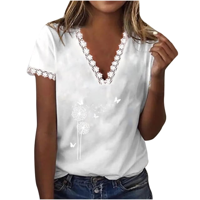 Pompotops T-Shirt à Col en V à Manches Courtes Imprimé Femmes Casual Sexy