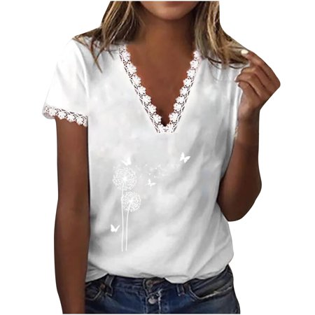 

Lace Blouse for Women V Neck Dandelion Pattern Print Shirts Summer Casual Short Sleeve Tee Loose Comfy Tunic Tops