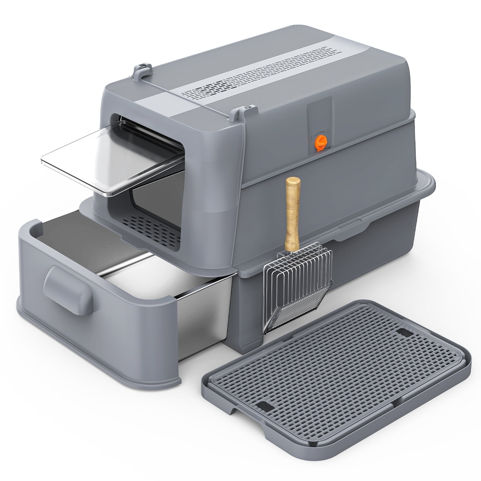 Covered Stainless Steel Cat Litter Box with Odor Control Modular Design with Drawer Easy to Clean with Scoop XL Size Fits All Cats (Dark Grey)
