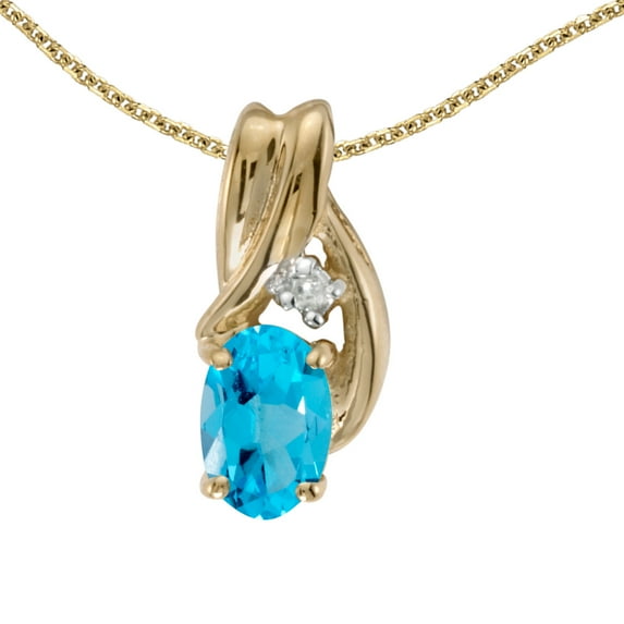 14k Yellow Gold Oval Blue Topaz And Diamond Pendant with 18" Chain