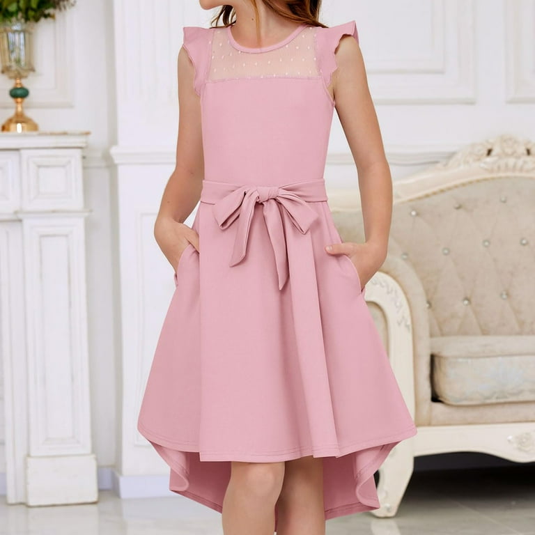 XADYUY Girls Dresses 7-8 Ruffle Sleeve Mesh A-Line High Low Dresses for  Girls Formal Party Wedding Dress with Pockets Cute Belted Twirly Girls  Party ...