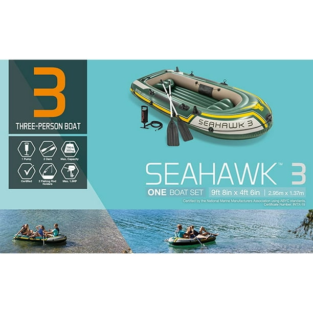 Vtg Paddle Boat Intex Seahawk 340 Set Three Person Inflatable Boat Set  92”x53”