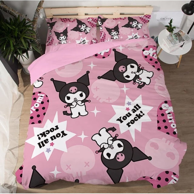 Juego de ropa de cama con dibujos animados de Anime Sanrio Kawaii Kuromi, edredón, funda de almohada, ropa de cama para niños