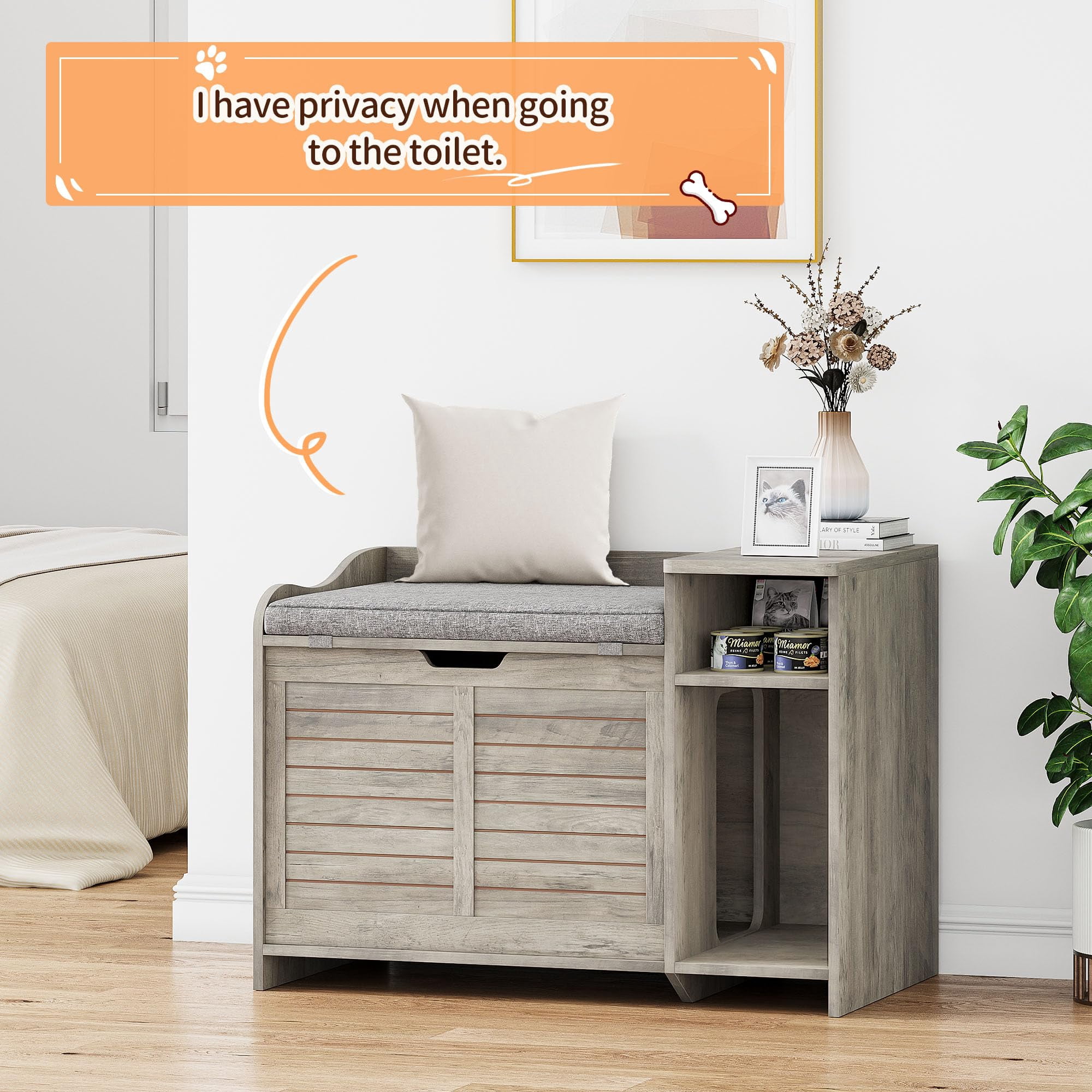 Faitaliicy Litter Box Enclosure With Cushion Hidden Cat Litter Box With Top Opening Flip Top Privacy Cat Litter Box Cabinet Wooden Cat Washroom Storage Cabinet Bench For Living Room Bedroom