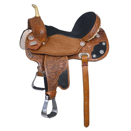 17 In Hilason Flex Tree Western Horse Saddle American Leather Trail Barrel Tan With Floral Hand Carved