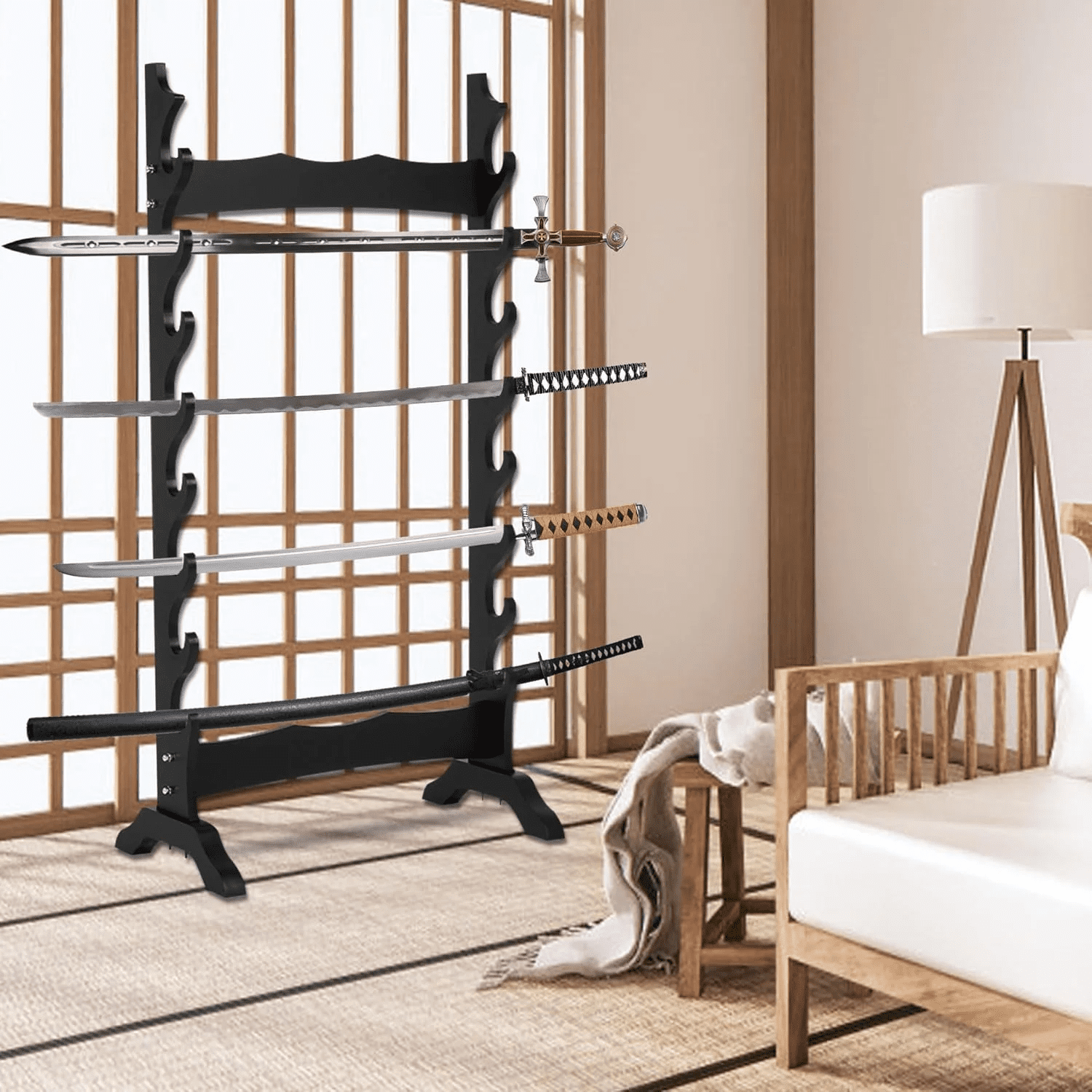 Qunbio 8 Tier Sword Stand, Wooden Japanese Samurai Sword Holder, Sword Display Stand Floor for Katana