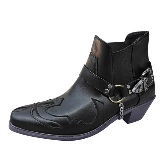 YLYL Men's Vintage Pointed Toe Cowboy Boots Fashion Western Personality Belt Buckle Thick Heel Slip-On Booties